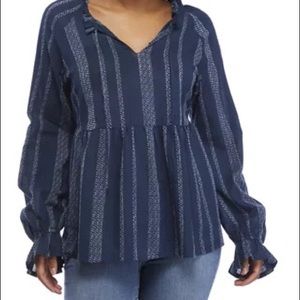 Wonderly Navy Stripe Peasant Blouse Bohemian Tassel Strings | Size XL